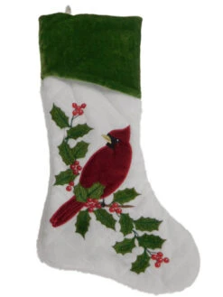 Quilted White & Green Velour Red Cadinal Bird & Holly Christmas Holiday Stocking