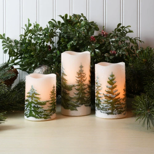 Battery Operated LED Wax Candles, Green Pines - Set Of 3 3 Battery Operated LED Wax Candles, Green Pines - Set Of 3 - Image 3