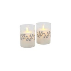 Battery Operated LED Glass Candles With Moving Flame, Silver Garland - Set Of 2