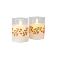 Battery Operated LED Glass Candles With Moving Flame, Gold Garland - Set Of 2