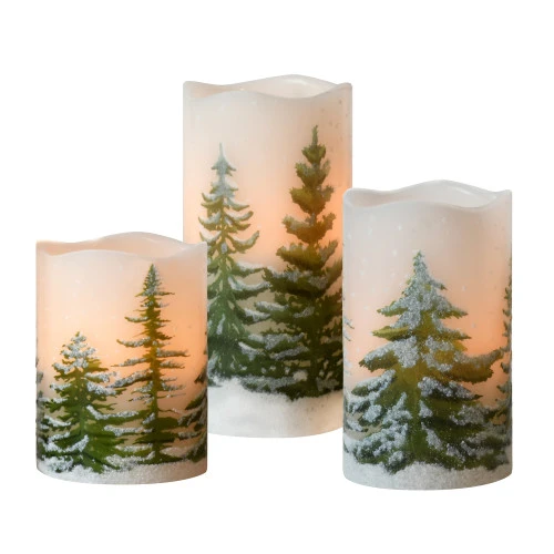 Battery Operated LED Wax Candles, Green Pines - Set Of 3 1 Battery Operated LED Wax Candles, Green Pines - Set Of 3