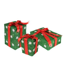 Northlight Set Of 3 Lighted Green With Red Bows Gift Boxes Outdoor Christmas Decorations 13"