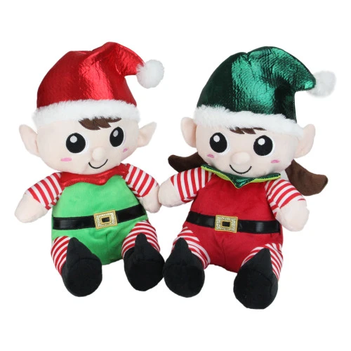 Northlight Plush Sitting Boy And Girl Christmas Elf Figures - 13" - Red And Green - Set Of 2 1 Northlight Plush Sitting Boy And Girl Christmas Elf Figures - 13" - Red And Green - Set Of 2