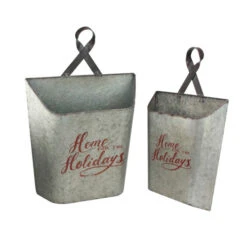 Set Of 2 Gray And Red Home For The Holidays Weathered Christmas Wall Buckets 18"