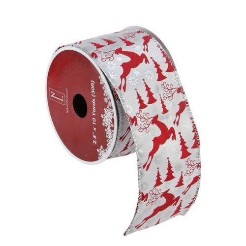 Northlight Silver And Red Flying Reindeer Wired Christmas Craft Ribbon 2.5" X 10 Yards 1 Northlight Silver And Red Flying Reindeer Wired Christmas Craft Ribbon 2.5" X 10 Yards
