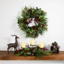 Northlight Holly And Berries Christmas Pillar Candle Holder With Pine Cones - 28" -Northlight Sale Store northlight yk959942c20yk95988 styled 01 18500.1722387412