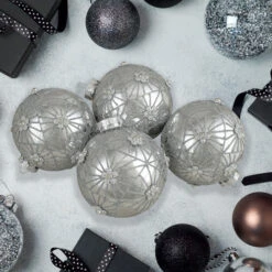 4ct Silver With Floral Gem Christmas Ball Ornaments 3.25-Inch (80mm) -Northlight Sale Store northlight20wy88842 63325.1637152150
