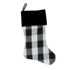 20" White And Black Buffalo Plaid Christmas Stocking With Cuff
