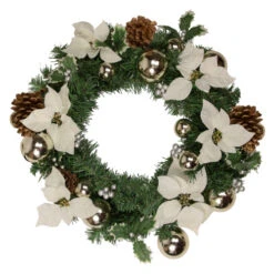 Decorated Cream Colored Poinsettia And Berry Artificial Christmas Wreath, 24-Inch, Unlit