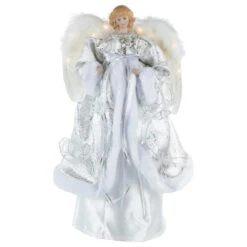 Northlight 18" Lighted White And Silver Angel In A Dress Christmas Tree Topper - Warm White Lights