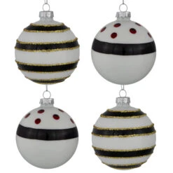 Northlight Shiny Finish Striped Christmas Glass Ball Ornaments - 3" (80mm) - White And Black - Set Of 4