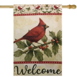 Red Cardinal With Holly Berries Welcome Outdoor House Flag 28" X 40"