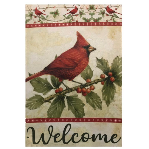 Red Cardinal With Holly Berries Welcome Outdoor House Flag 28" X 40" 2 Red Cardinal With Holly Berries Welcome Outdoor House Flag 28" X 40" - Image 2