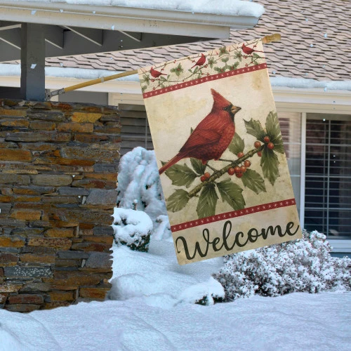 Red Cardinal With Holly Berries Welcome Outdoor House Flag 28" X 40" 3 Red Cardinal With Holly Berries Welcome Outdoor House Flag 28" X 40" - Image 3