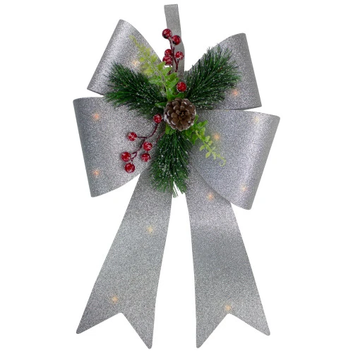 Northlight 19" LED Lighted Sliver Tinsel Bow Christmas Decoration 1 Northlight 19" LED Lighted Sliver Tinsel Bow Christmas Decoration