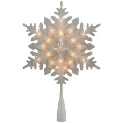 Northlight 10" Lighted White Frosted 3-D Snowflake Christmas Tree Topper - Clear Lights
