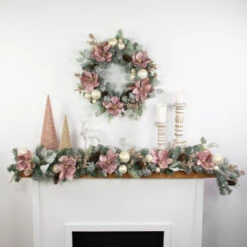 Northlight Pink Floral And Ball Ornament Frosted Pine Artificial Christmas Wreath, 24-Inch, Unlit -Northlight Sale Store northlight jy995252cjy99526 styled 27849.1701796957