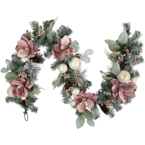 Northlight 6' Pink Floral And Ball Ornament Frosted Pine Artificial Christmas Garland 2 Northlight 6' Pink Floral And Ball Ornament Frosted Pine Artificial Christmas Garland - Image 2