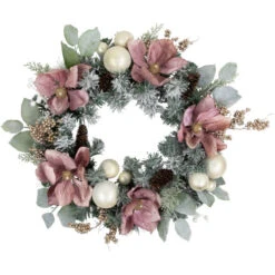 Northlight Pink Floral And Ball Ornament Frosted Pine Artificial Christmas Wreath, 24-Inch, Unlit