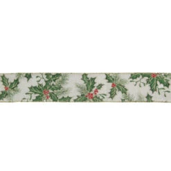 Ivory And Green Holly Leaves Christmas Wired Craft Ribbon 2.5" X 16 Yards