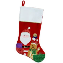 20.5" Red And White Glittered Santa Claus And Reindeer Christmas Stocking