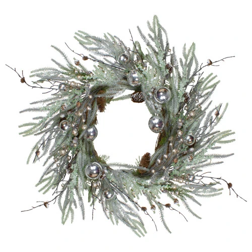 Northlight 28" Artificial Pine Frosted Christmas Wreath With Silver Berries-Unlit 1 Northlight 28" Artificial Pine Frosted Christmas Wreath With Silver Berries-Unlit