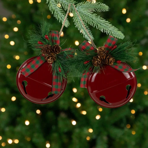 Northlight Jingle Bells With Bow And Pinecones Christmas Disc Ornaments - Red - 5" - Set Of 2 1 Northlight Jingle Bells With Bow And Pinecones Christmas Disc Ornaments - Red - 5" - Set Of 2