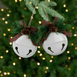 Northlight Jingle Bells With Bow And Pinecones Christmas Disc Ornaments - White - 5" - Set Of 2