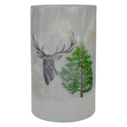 Northlight 10" Deer, Pine And Snowflakes Hand Painted Flameless Glass Christmas Candle Holder