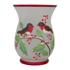 Northlight 8" Hand Painted Finches And Pine Glass Christmas Candle Holder