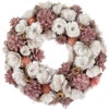 Northlight 13" White And Pink Wooden Floral Christmas Wreath With Pinecones