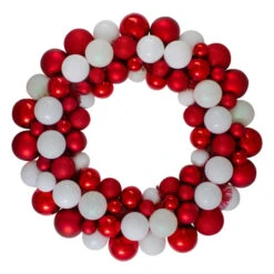 Northlight White And Red 3-Finish Shatterproof Ball Christmas Wreath - 24-Inch, Unlit
