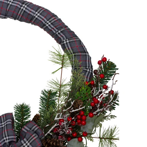 Northlight Gray And Red Plaid Artificial Christmas Wreath With Red Berries - 24-Inch, Unlit 3 Northlight Gray And Red Plaid Artificial Christmas Wreath With Red Berries - 24-Inch, Unlit - Image 3