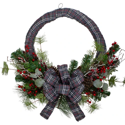 Northlight Gray And Red Plaid Artificial Christmas Wreath With Red Berries - 24-Inch, Unlit 1 Northlight Gray And Red Plaid Artificial Christmas Wreath With Red Berries - 24-Inch, Unlit