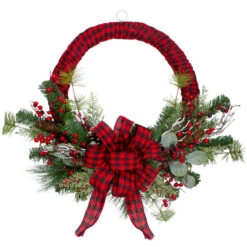 Northlight Red And Black Buffalo Plaid And Berry Artificial Christmas Wreath - 24-Inch, Unlit
