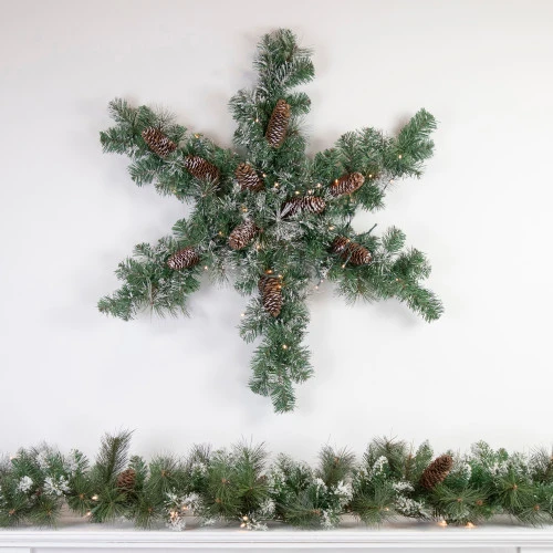 Northlight Pre-Lit Battery Operated Frosted Mixed Pine Christmas Snowflake Wreath - 32" - Warm White LED Lights 2 Northlight Pre-Lit Battery Operated Frosted Mixed Pine Christmas Snowflake Wreath - 32" - Warm White LED Lights - Image 2