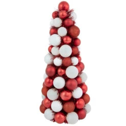 Northlight 3-Finish Shatterproof Ball Christmas Tree With Tinsel - 15.75" - Red And White