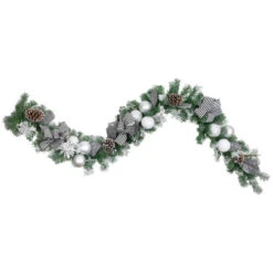 Northlight 6' Frosted Pine Artificial Christmas Garland With Striped Bows And Ornaments