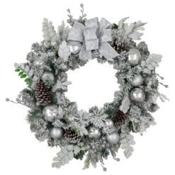 Northlight Glitter And Frosted Foliage Artificial Christmas Wreath With Bow, 30-Inch, Unlit