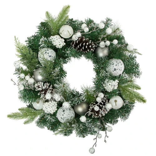 Northlight Green Pine Frosted Artificial Christmas Wreath With Laced Ornaments, 24-Inch, Unlit 1 Northlight Green Pine Frosted Artificial Christmas Wreath With Laced Ornaments, 24-Inch, Unlit