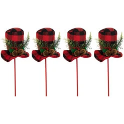 Northlight Set Of 4 Red And Black Plaid Plush Winter Hat Christmas Picks 15"