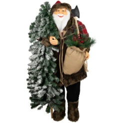 Northlight Standing Woodland Santa Claus With Flocked Alpine Tree Commercial Christmas Figure - 5'