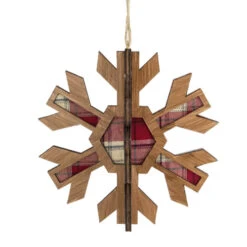 Northlight 7" 3-D Faux Wood And Red Plaid Starburst Snowflake Christmas Ornament
