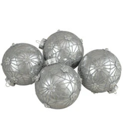4ct Silver With Floral Gem Christmas Ball Ornaments 3.25-Inch (80mm)