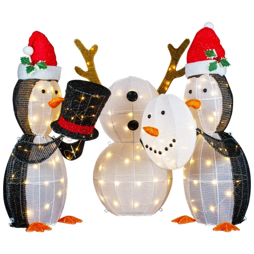 LED Lighted Penguins Building Snowman Outdoor Christmas Decoration - 35" - Set Of 3 1 LED Lighted Penguins Building Snowman Outdoor Christmas Decoration - 35" - Set Of 3