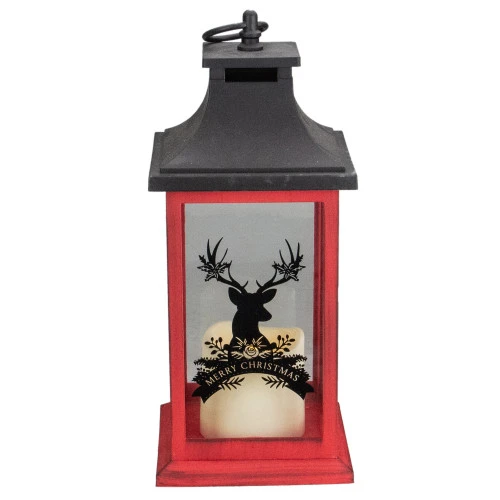 Northlight LED Candle With Deer "Merry Christmas" Lantern - 12" - Red And Black 1 Northlight LED Candle With Deer "Merry Christmas" Lantern - 12" - Red And Black