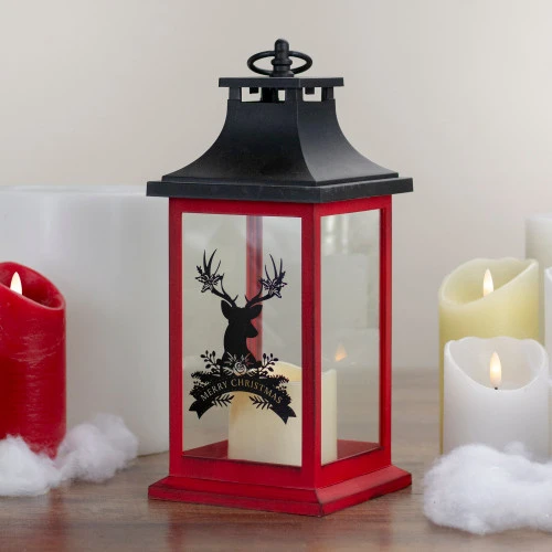 Northlight LED Candle With Deer "Merry Christmas" Lantern - 12" - Red And Black 2 Northlight LED Candle With Deer "Merry Christmas" Lantern - 12" - Red And Black - Image 2