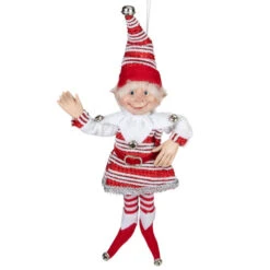 13" Red And White Peppermint Striped Elf With Jingle Bells