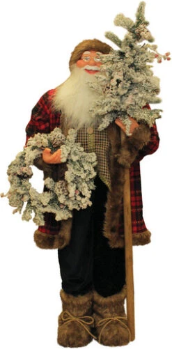 Northlight Plaid Standing Santa With Wreath & Alpine Tree Christmas Figure - 4'