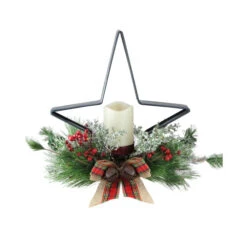 Northlight 15" Green And Ivory Pine Needle, Berry, And Jingle Bell Deep Star Shaped Candle Holder